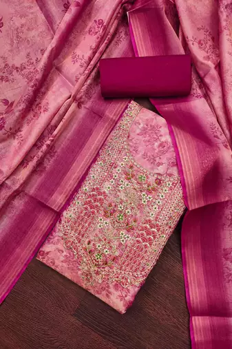 magenta cotton silk hand work unstitched dress material