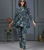 Blue printed riyon co-ord set with two pocket