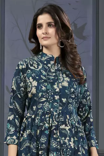 Blue printed riyon co-ord set with two pocket