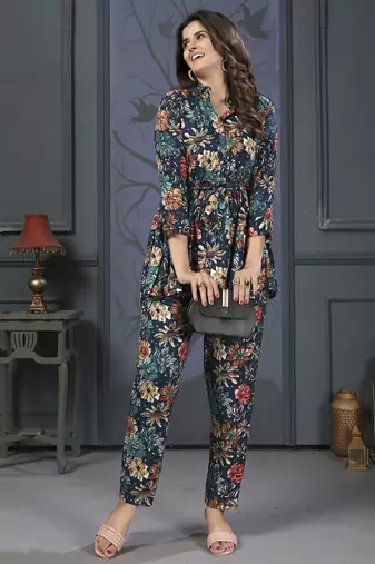 Teal blue printed riyon co-ord set with two pocket
