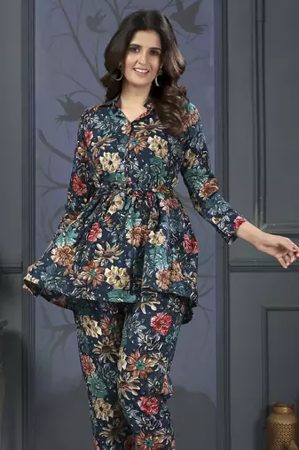 Teal blue printed riyon co-ord set with two pocket
