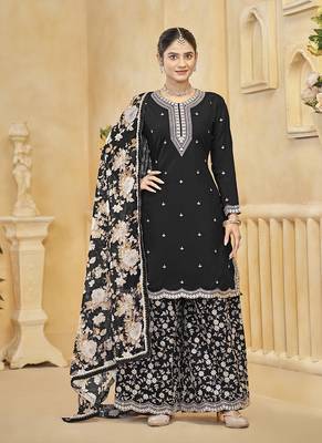 Black embroidery roman silk palazzo ( free size stitched-42" size) 1