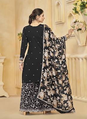 Black embroidery roman silk palazzo ( free size stitched-42" size) 2
