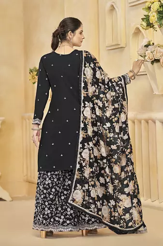 Black embroidery roman silk palazzo ( free size stitched-42" size)