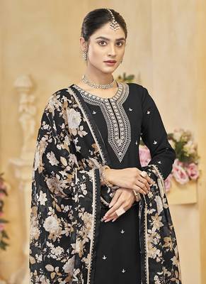 Black embroidery roman silk palazzo ( free size stitched-42" size) 4