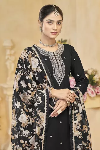 Black embroidery roman silk palazzo ( free size stitched-42" size)
