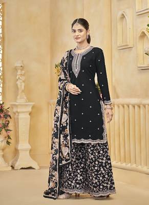 Black embroidery roman silk palazzo ( free size stitched-42" size) 5