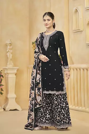 Black embroidery roman silk palazzo ( free size stitched-42" size)