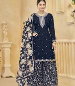 Navy blue embroidery roman silk palazzo ( free size stitched-42" size)