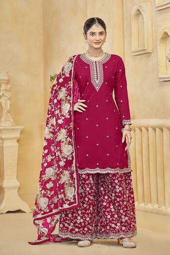 Rani pink embroidery roman silk palazzo ( free size stitched-42" size)