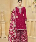 Rani pink embroidery roman silk palazzo ( free size stitched-42" size)