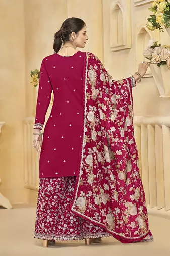 Rani pink embroidery roman silk palazzo ( free size stitched-42" size)