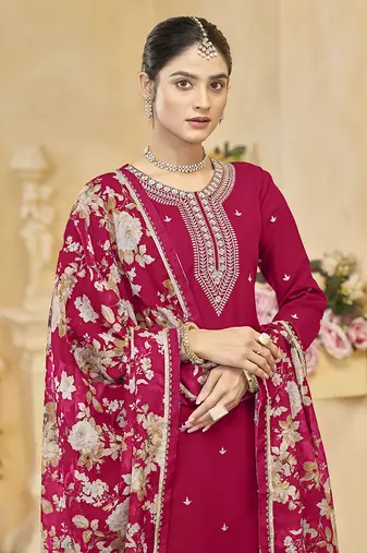 Rani pink embroidery roman silk palazzo ( free size stitched-42" size)