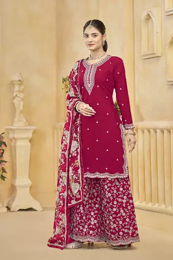 Rani pink embroidery roman silk palazzo ( free size stitched-42" size)