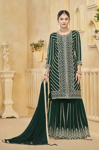 Green embroidery faux georgette sharara ( free size stitched-42" size)