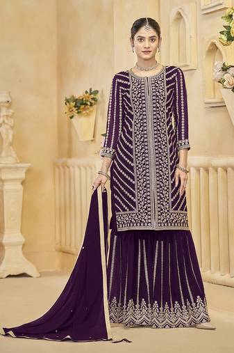 Wine embroidery faux georgette sharara ( free size stitched-42" size)