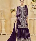 Wine embroidery faux georgette sharara ( free size stitched-42" size)