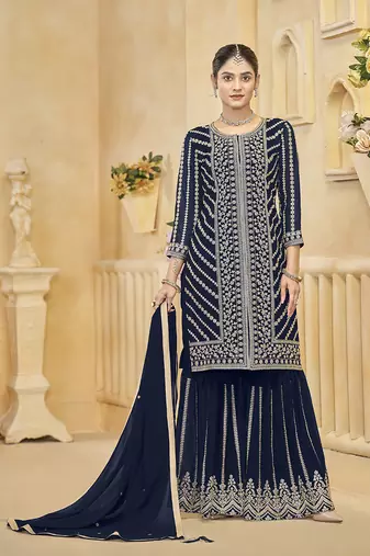 Navy blue embroidery faux georgette sharara ( free size stitched-42" size)