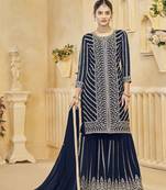 Navy blue embroidery faux georgette sharara ( free size stitched-42" size)