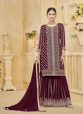 Maroon embroidery faux georgette sharara ( free size stitched-42" size) 1