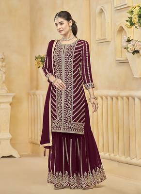 Maroon embroidery faux georgette sharara ( free size stitched-42" size) 2