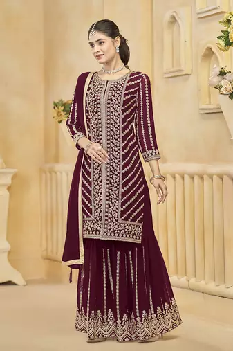 Maroon embroidery faux georgette sharara ( free size stitched-42" size)