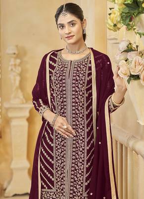Maroon embroidery faux georgette sharara ( free size stitched-42" size) 4
