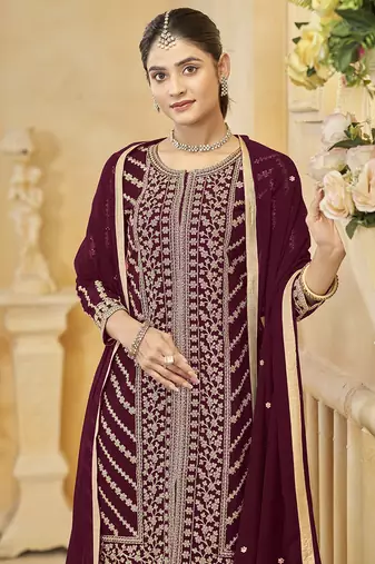 Maroon embroidery faux georgette sharara ( free size stitched-42" size)