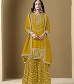 Mustard embroidery art silk sharara ( free size stitched-42" size)