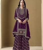 Wine embroidery art silk sharara ( free size stitched-42" size)