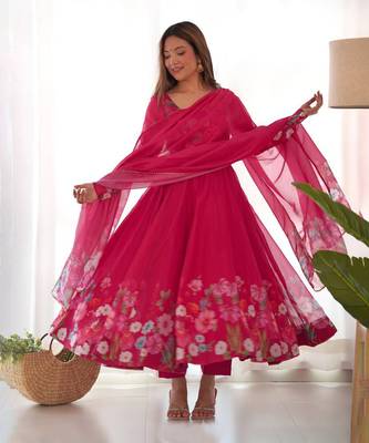 Floral Printed Organza Anarkali Kurta With Cotton Silk Pant And Dupatta. 1