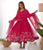 Floral Printed Organza Anarkali Kurta With Cotton Silk Pant And Dupatta.