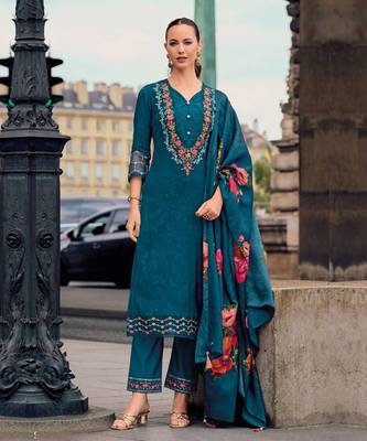 Teal blue handwork embroidery print jacquard viscose straight pant- free size stitched(size upto 42") 1