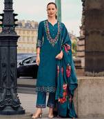 Teal blue handwork embroidery print jacquard viscose straight pant- free size stitched(size upto 42")