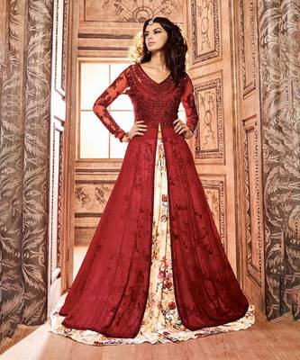 Maroom Embroidered Net Semi Stitched Anarkali Style Lehenga Suit Up To 42" Size 1