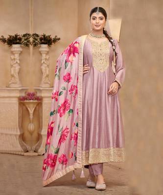 Light lavender vichitra silk sequin embroidered semi-stitched salwar suit 1