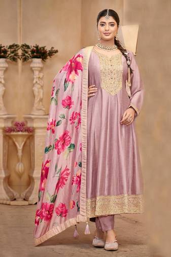 Light lavender vichitra silk sequin embroidered semi-stitched salwar suit
