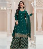 Aqua green chinon embroidered Palazzo suit