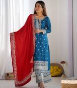 Blue Chinnon Silk Heavy Embroidery Sequence Work Top-Bottom And Dupatta Set 