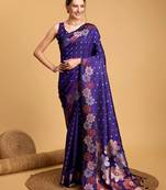 Navy blue floral woven design zari banarasi saree
