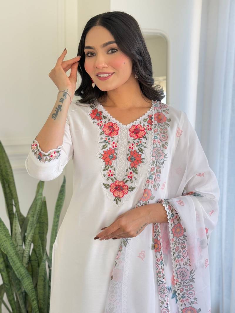 Thread work on Viscose Fabric Straight Kurta, Pant and Dupatta Set