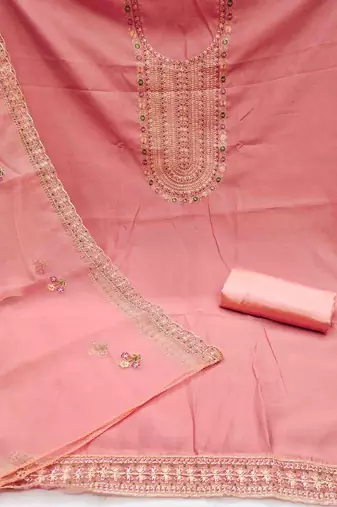 peach roman cotton silk embroidered unstitched dress material