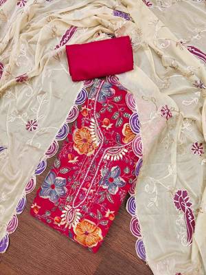 magenta viscose organza handwork unstitched dress material 1