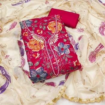 magenta viscose organza handwork unstitched dress material 2