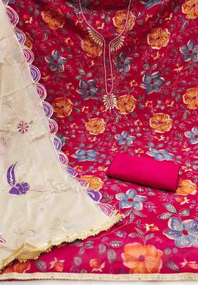 magenta viscose organza handwork unstitched dress material 3