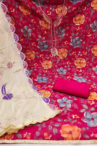 magenta viscose organza handwork unstitched dress material