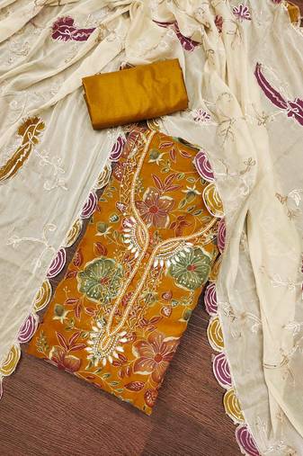 mustard viscose organza handwork unstitched dress material