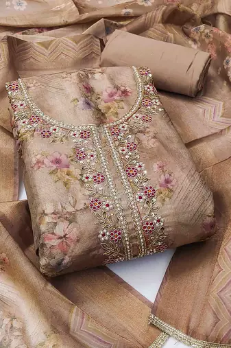 coffee viscose handwork unstitched dress material