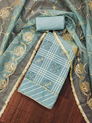 turquoise roman cotton silk handwork unstitched dress material 1