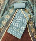 turquoise roman cotton silk handwork unstitched dress material